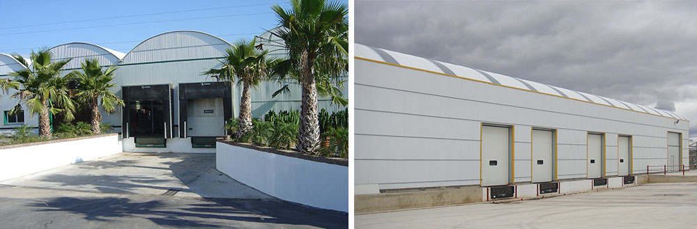 Curved roof warehouse with automatic cold room doors installed