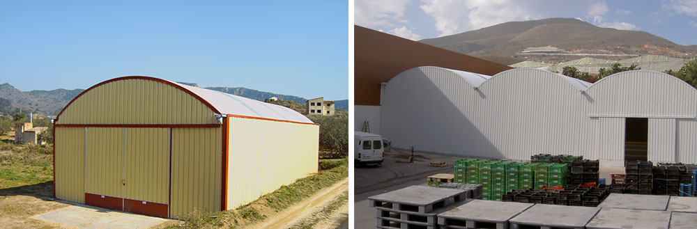 Curved roof warehouse with sliding doors installed