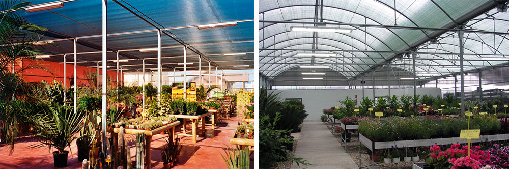 Interior view of flat roof and curved roof shading structures