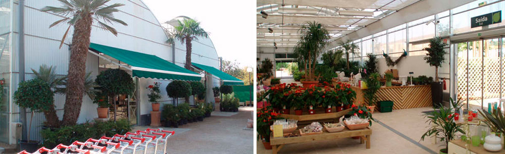 Exterior and interior views of nursery greenhouse transformed into garden center