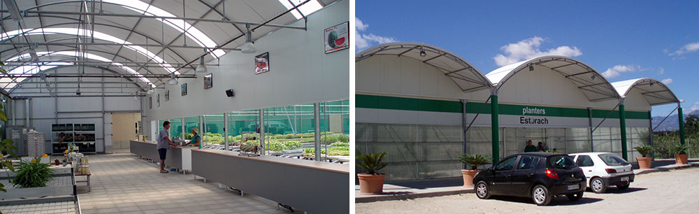 Exterior and interior view of former nursery greenhouse transformed converted into a garden center